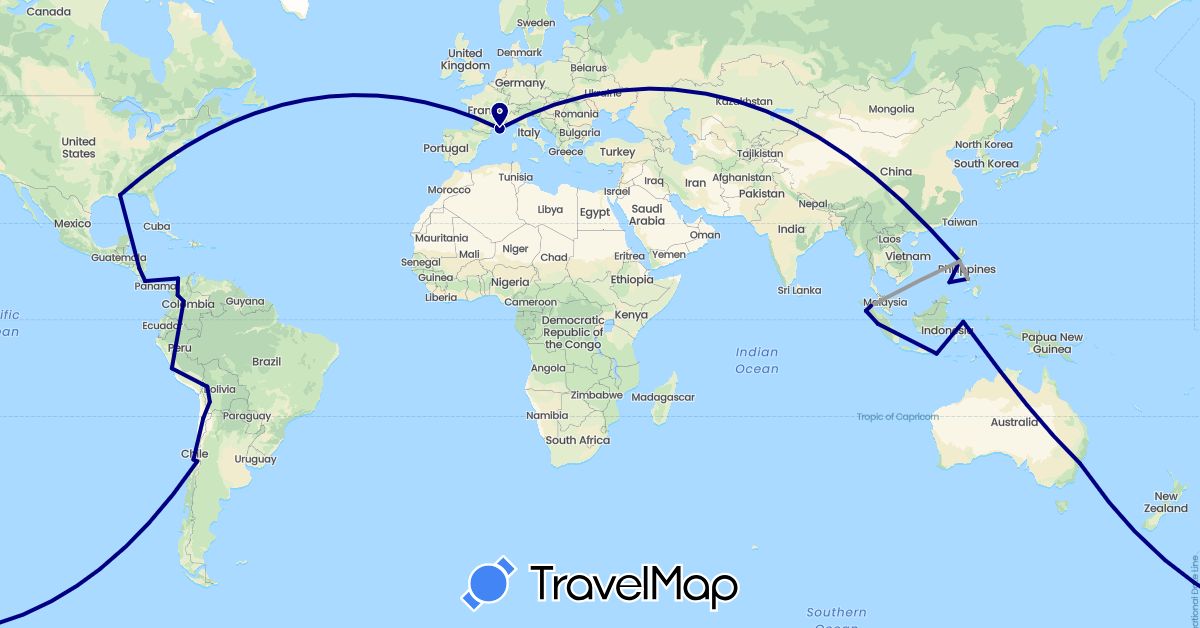 TravelMap itinerary: driving, plane in Australia, Bolivia, Chile, Colombia, Costa Rica, France, Indonesia, Laos, Nicaragua, Peru, Philippines, United States (Asia, Europe, North America, Oceania, South America)
